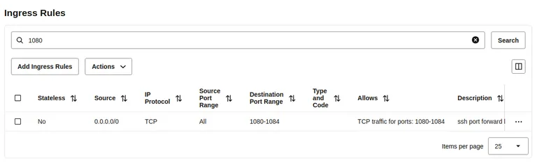 Example opened ports in the firewall